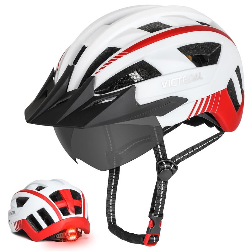 VICTGOAL Bike Helmet for Men Women with Led Light Detachable Magnetic Goggles Removable Sun Visor Mountain & Road Bicycle Helmets Adjustable Size Adult Cycling Helmets (L: 57-61 cm, White) - Image 1